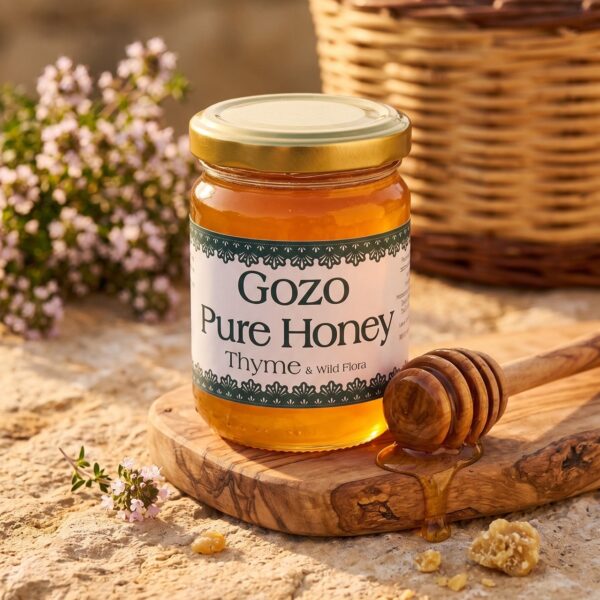 Glas Gozo Pure Honey Thymianhonig mit Honiglöffel und blühendem Thymian