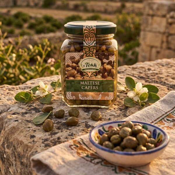 Wilde Kapern aus Gozo von It-Tokk im Glas mit Kapernschale und Kapernblüten