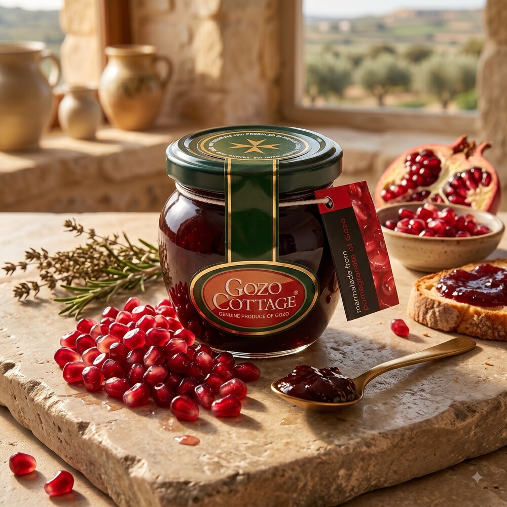 GC Pommegranate Jam Large Gozo Cottage Granatapfelmarmelade im 220-g-Glas mit frischen Granatapfelkernen