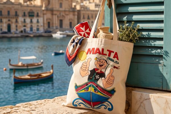 Stofftasche mit Popeye auf einem Luzzu und Malta-Schriftzug am Hafen