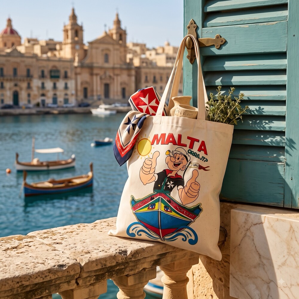 Stofftasche mit Popeye auf einem Luzzu und Malta-Schriftzug am Hafen