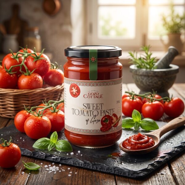 Gozo Cottage Sweet Tomato Paste im Glas mit frischen Tomaten und Basilikum