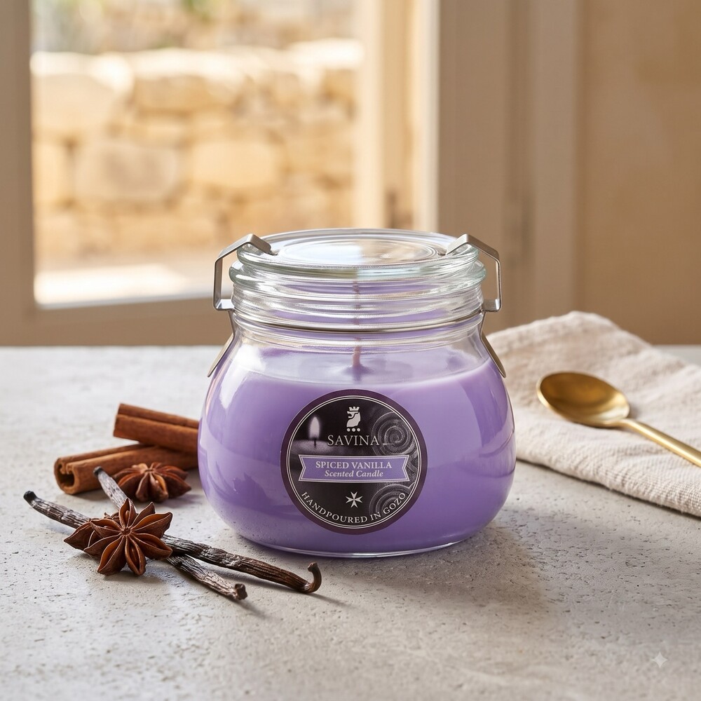 Vanilla Candle Duftkerze Gewürzvanille in violettem Wachs im Bügelglas mit Zimt und Vanille