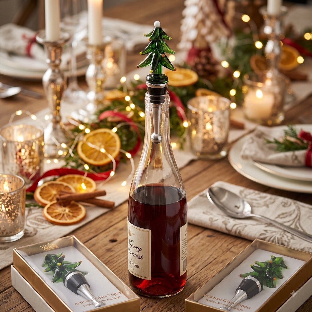 Wine stopper Weinverschluss mit grünem Glas-Weihnachtsbaum auf einer Flasche am Festtagstisch