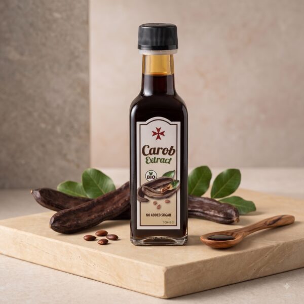 Carob Extract Johannisbrot-Extrakt in der 100-ml-Bioflasche neben Karobschoten