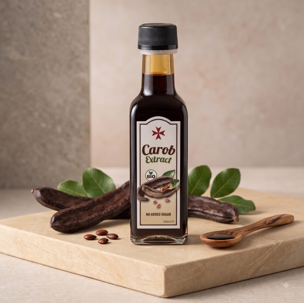 carob syrup Large Carob Extract Johannisbrot-Extrakt in der 100-ml-Bioflasche neben Karobschoten