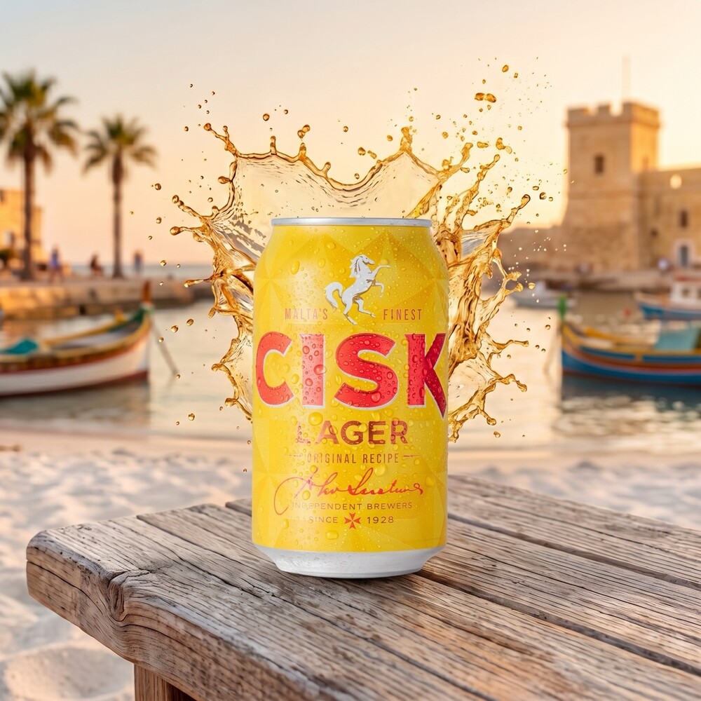 Cisk Lager 330ml Dose Cisk Lager in der 330-ml-Dose am Strand von Malta mit Luzzu-Booten im Hintergrund