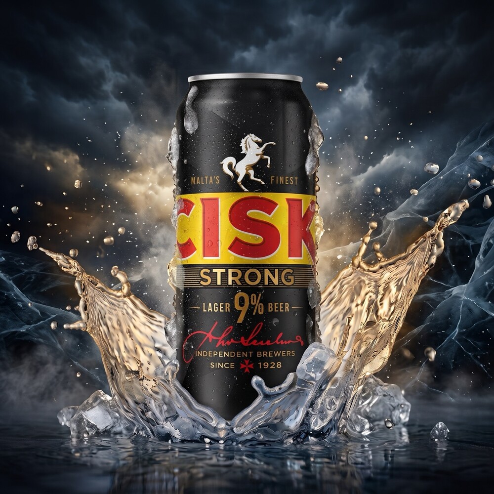 Cisk Strong Premium 9% 500ml Dose Cisk Strong Premium Lager 9 % in der 500-ml-Dose mit Eis und Wasserspritzern