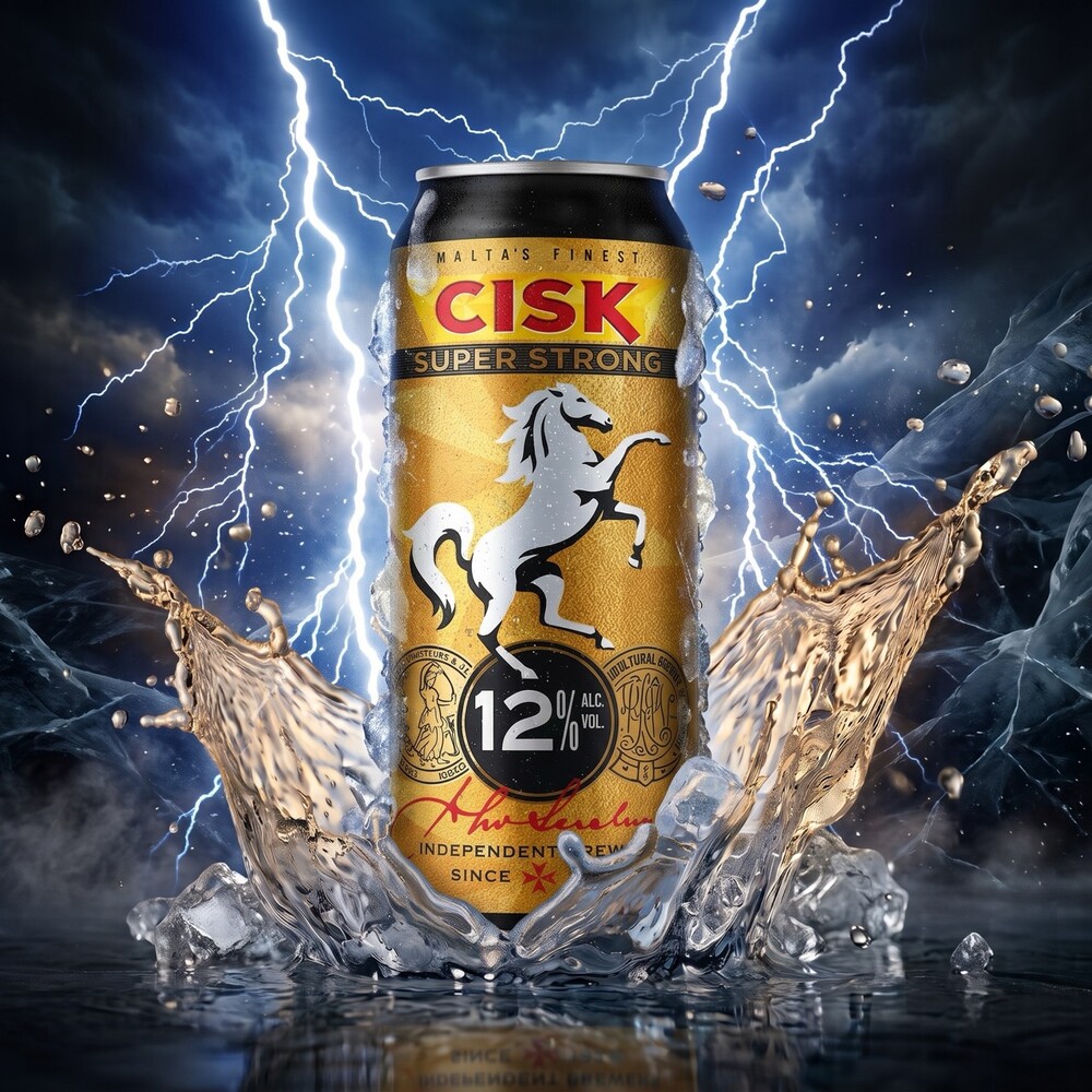 Cisk Super Strong Premium 12% 500ml Dose Cisk Super Strong Premium Lager 12 % in der goldenen 500-ml-Dose vor Gewitterhimmel