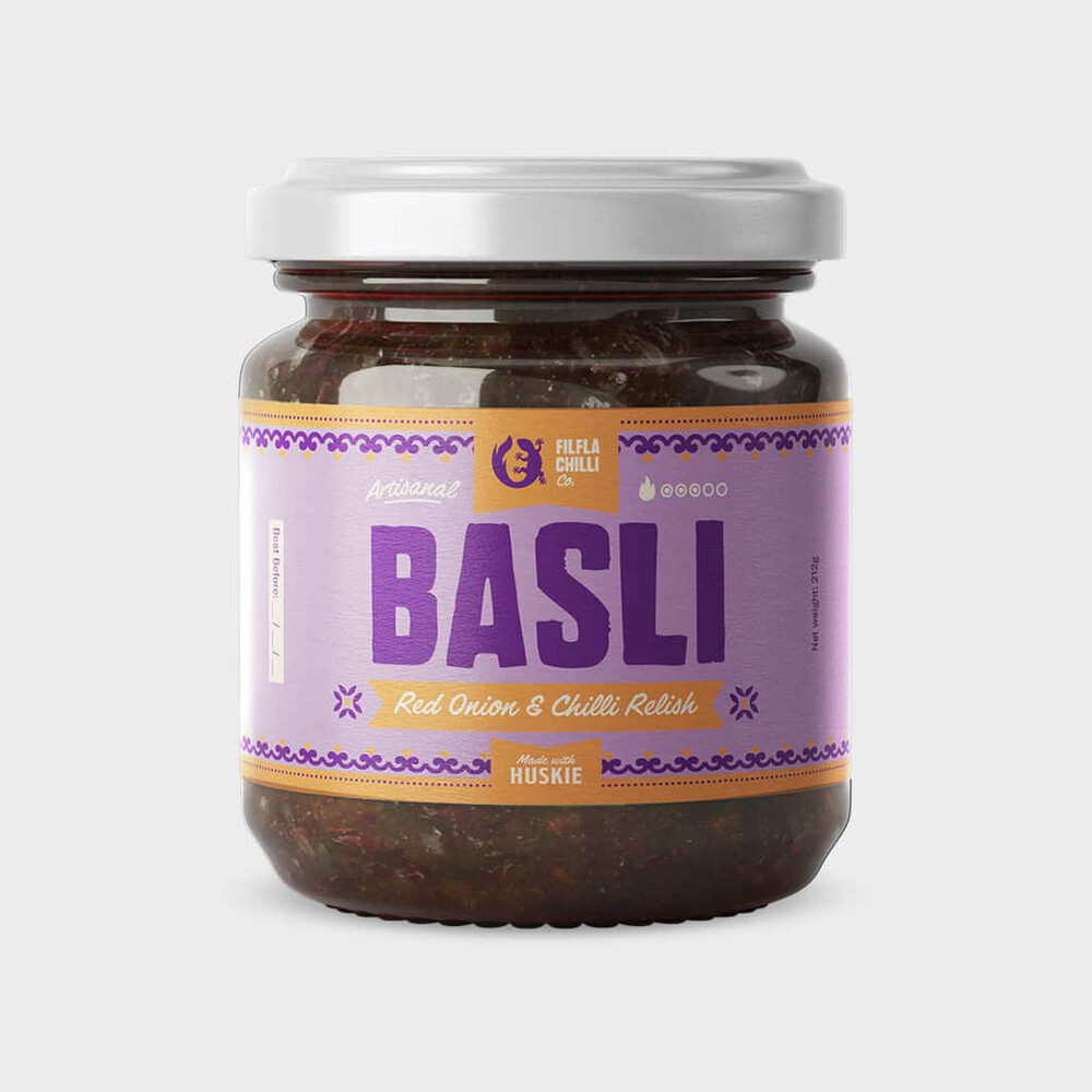 Filfla Chilli Co. Basli Chutney aus karamellisierten roten Zwiebeln mit Chili im 212-ml-Glas mit violettem Etikett