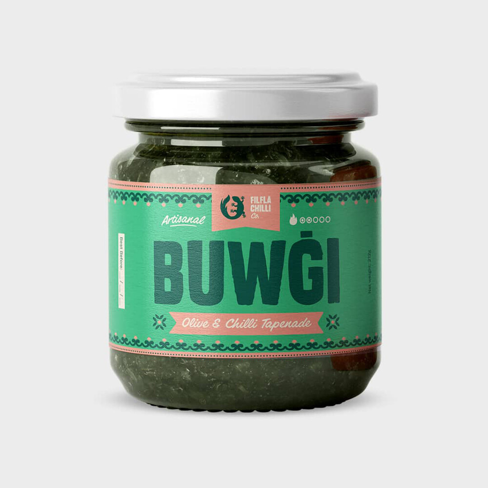 Filfla Chilli Co. Buwġi Tapenade aus Oliven und grünen Chilischoten im 212-ml-Glas mit grünem Etikett