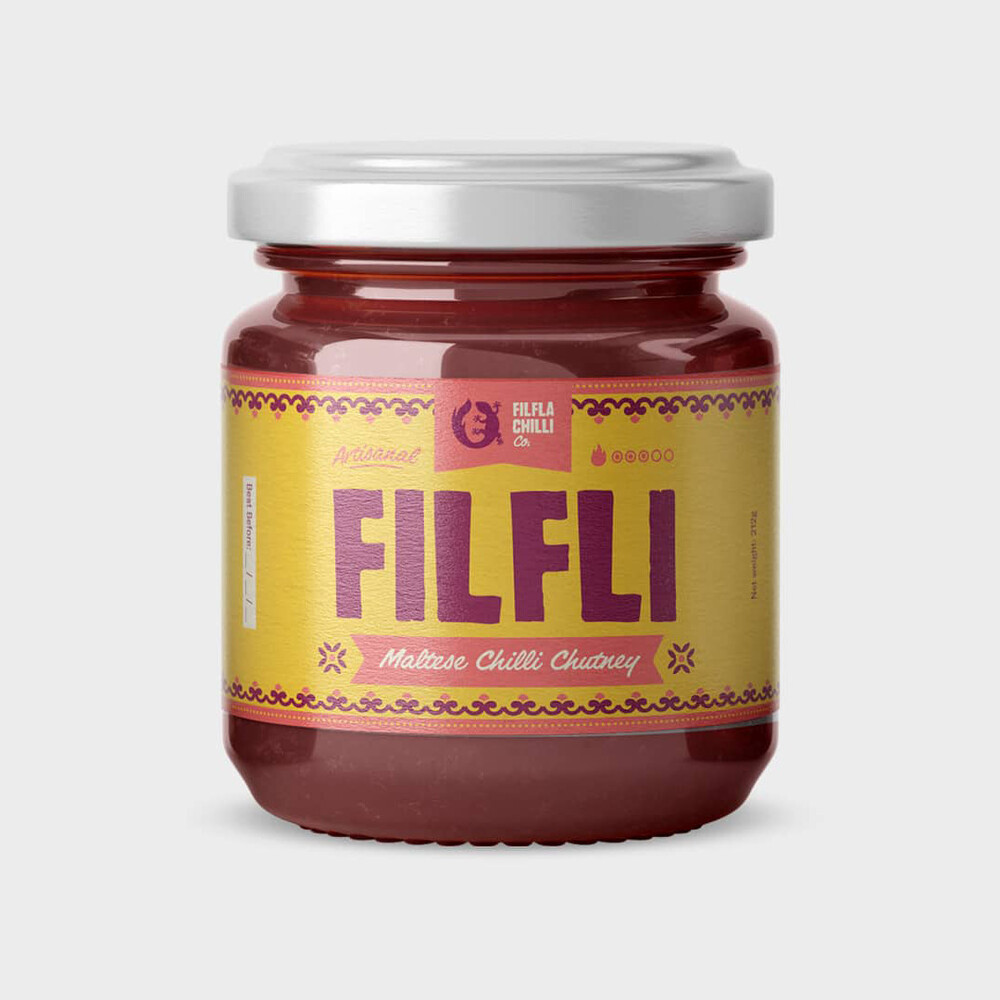 Filfla Chilli Co. Filfli maltesisches Chili-Chutney aus roten Chilischoten im 212-ml-Glas mit gelbem Etikett