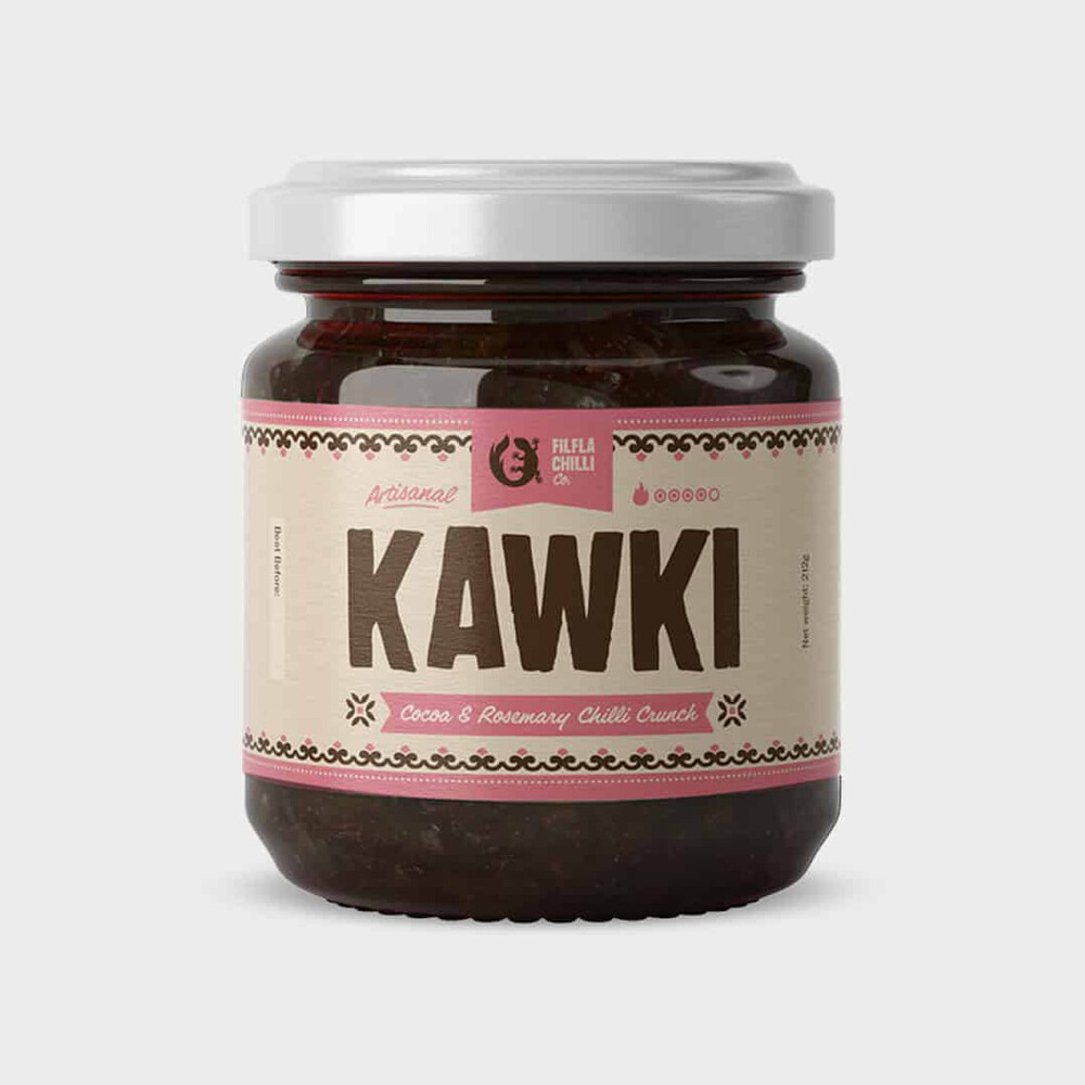 Filfla Chilli Co. Kawki Kakao-Rosmarin-Chili-Konfitüre im 212-ml-Glas mit rosafarbenem Etikett