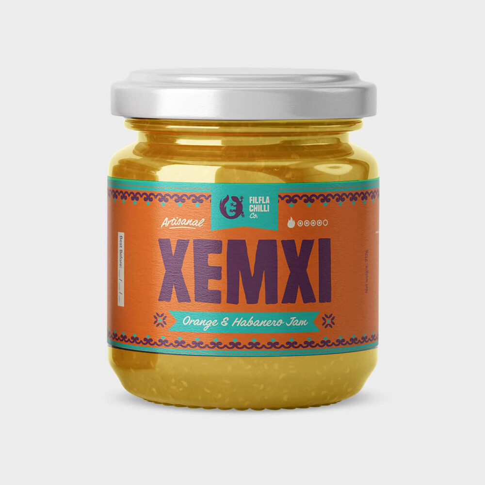 Filfla Chilli Co. Xemxi Marmelade mit Orange und Habanero im 212-ml-Glas mit orangefarbenem Etikett