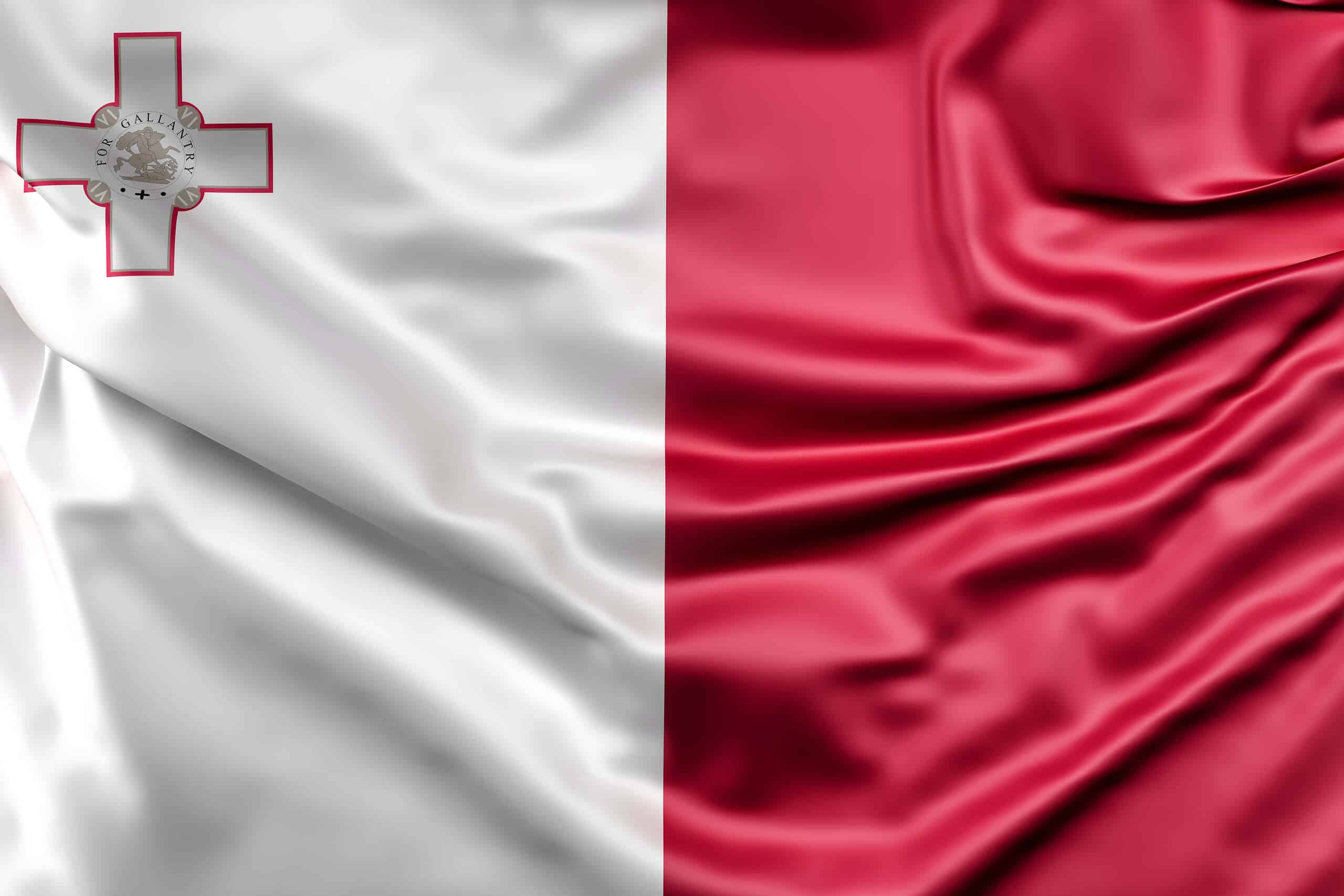 Wehende Flagge Maltas in Weiß und Rot mit dem George Cross