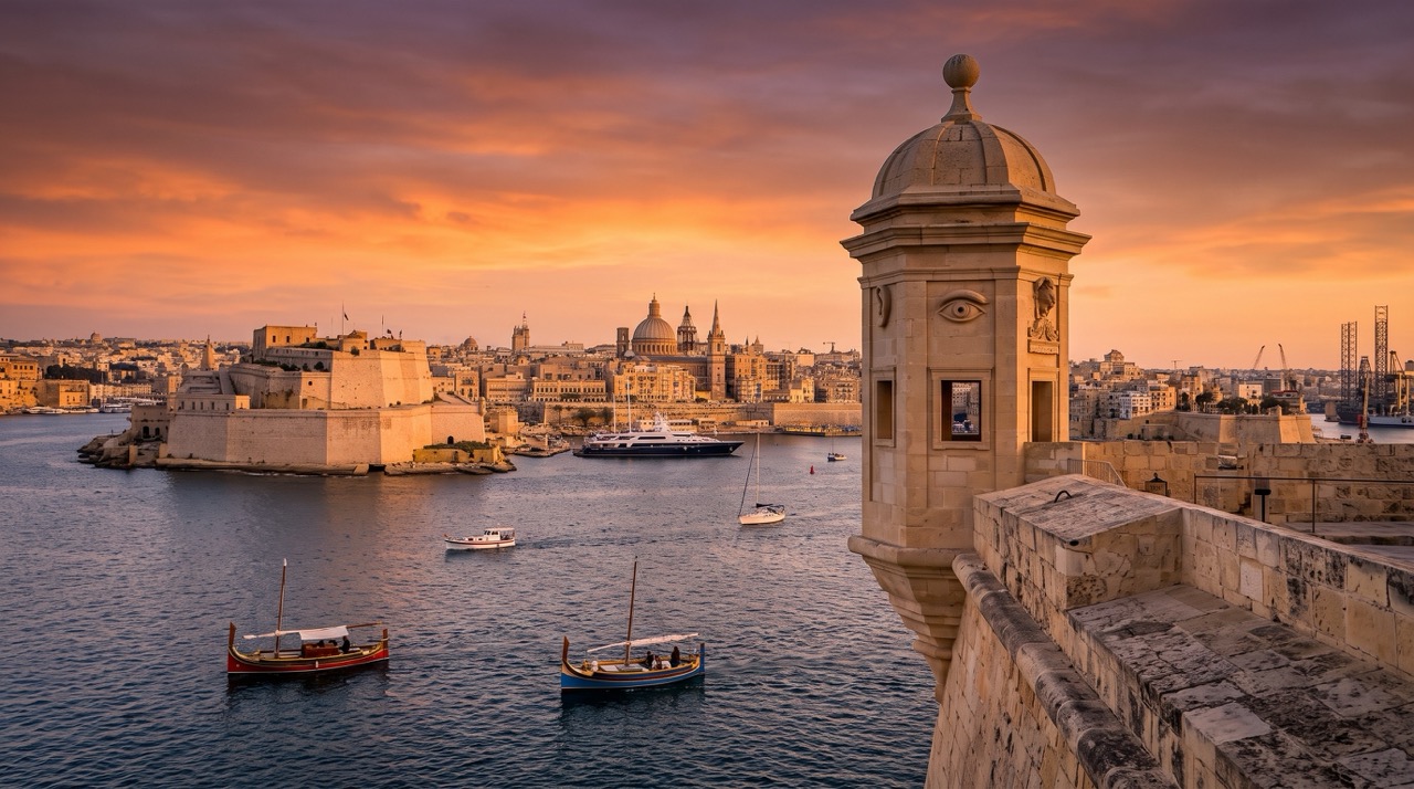 Gardjola Wachturm in Senglea mit Blick über den Grand Harbour auf Valletta im Sonnenuntergang