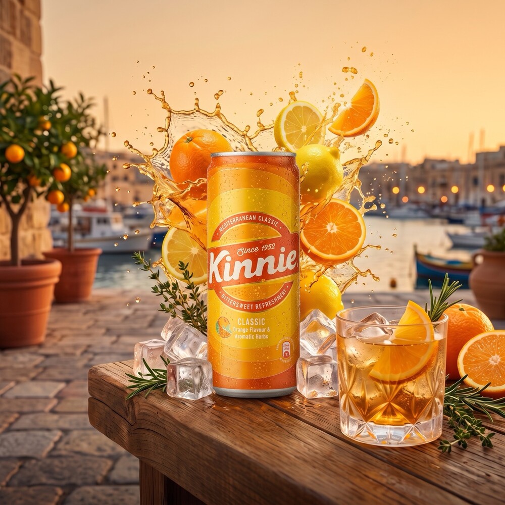 Kinnie Classic Softdrink 330ml Dose Kinnie Classic Softdrink in der 330-ml-Dose mit Orangen und Zitronen am Hafen von Malta
