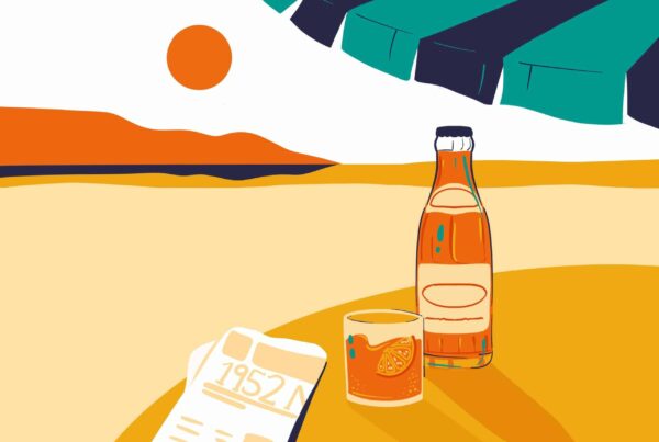 Illustration einer Kinnie Flasche und eines Glases am Strand mit Sonnenschirm, seit 1952