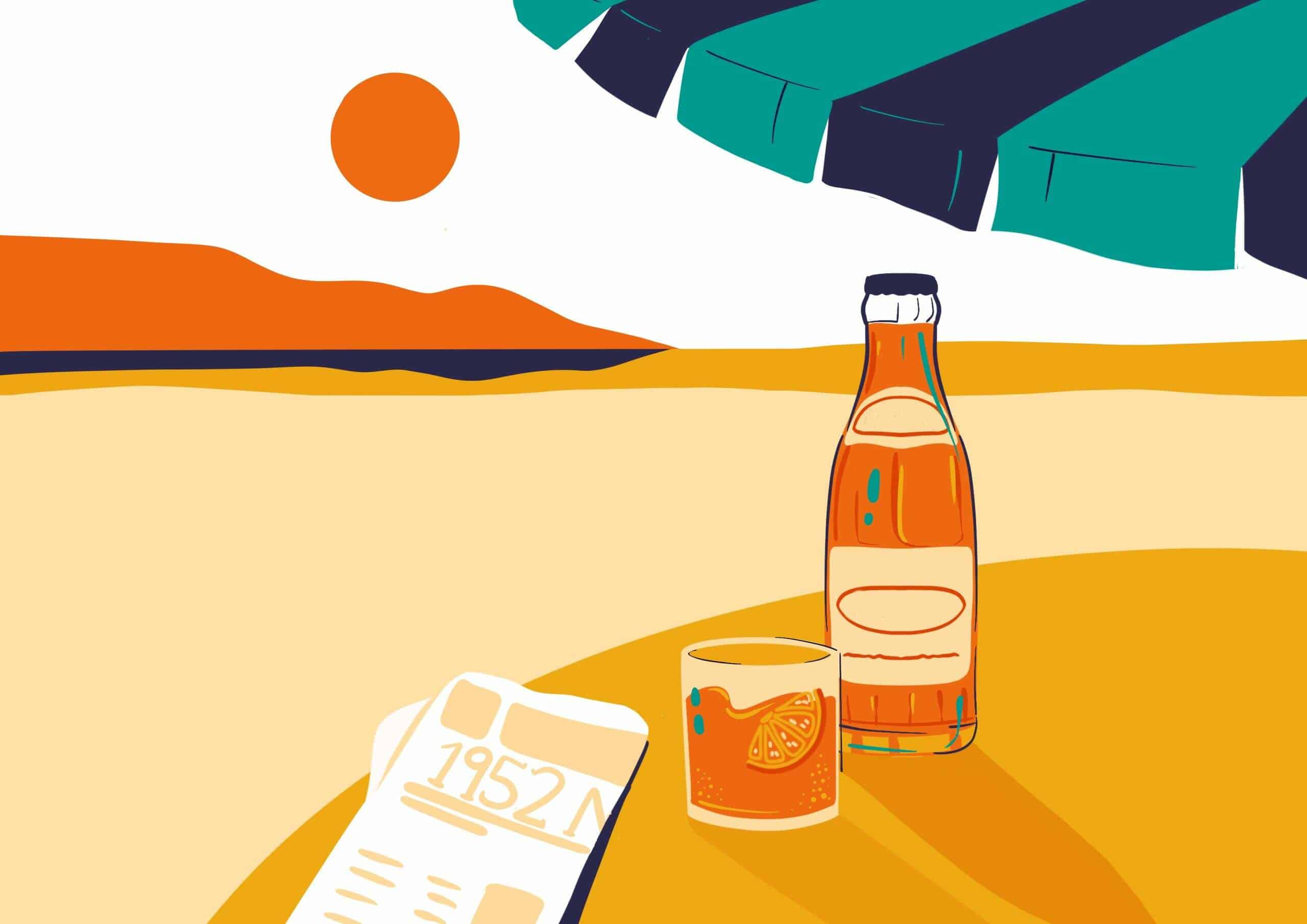 Illustration einer Kinnie Flasche und eines Glases am Strand mit Sonnenschirm, seit 1952