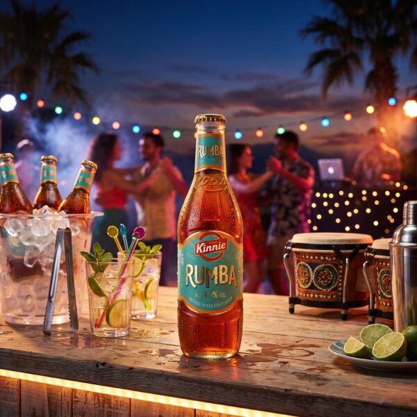 Kinnie Rumba Flasche auf einer Bartheke bei einer Strandparty auf Malta mit Eiskühler und Longdrinks