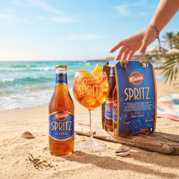 Kinnie Spritz Flasche, gefülltes Glas mit Orangenscheibe und 4er-Pack am Strand auf Malta