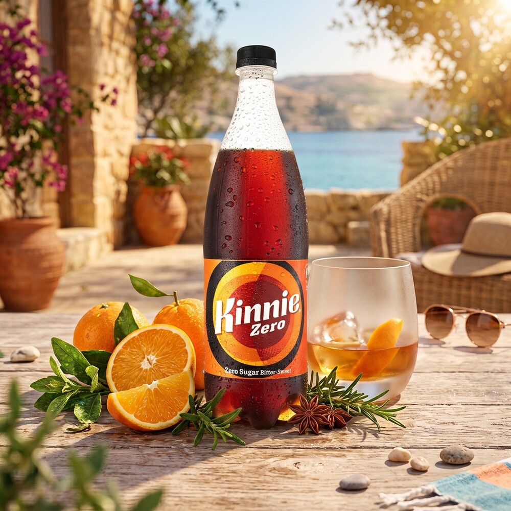 Kinnie ZERO PET Softdrink 500ml Kinnie Zero Softdrink in der 500-ml-PET-Flasche mit Orangen auf Holztisch am Meer