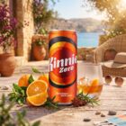 Kinnie Zero Softdrink ohne Zucker in der 330-ml-Dose mit Orangen auf Holztisch am Meer
