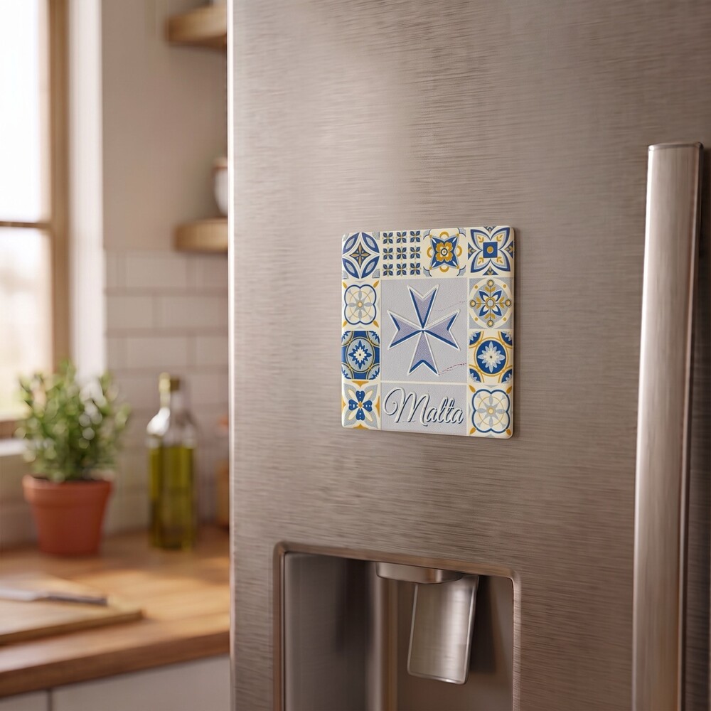 Magnet Malta Kacheln mit Malteserkreuz Quadratischer Kühlschrankmagnet mit blau-gelben maltesischen Kacheln und Malteserkreuz