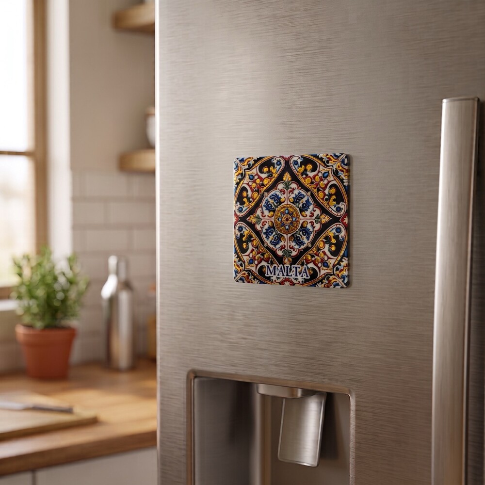 Magnet Malta Kacheln Quadratischer Malta-Magnet mit barockem Fliesenmotiv am Kühlschrank