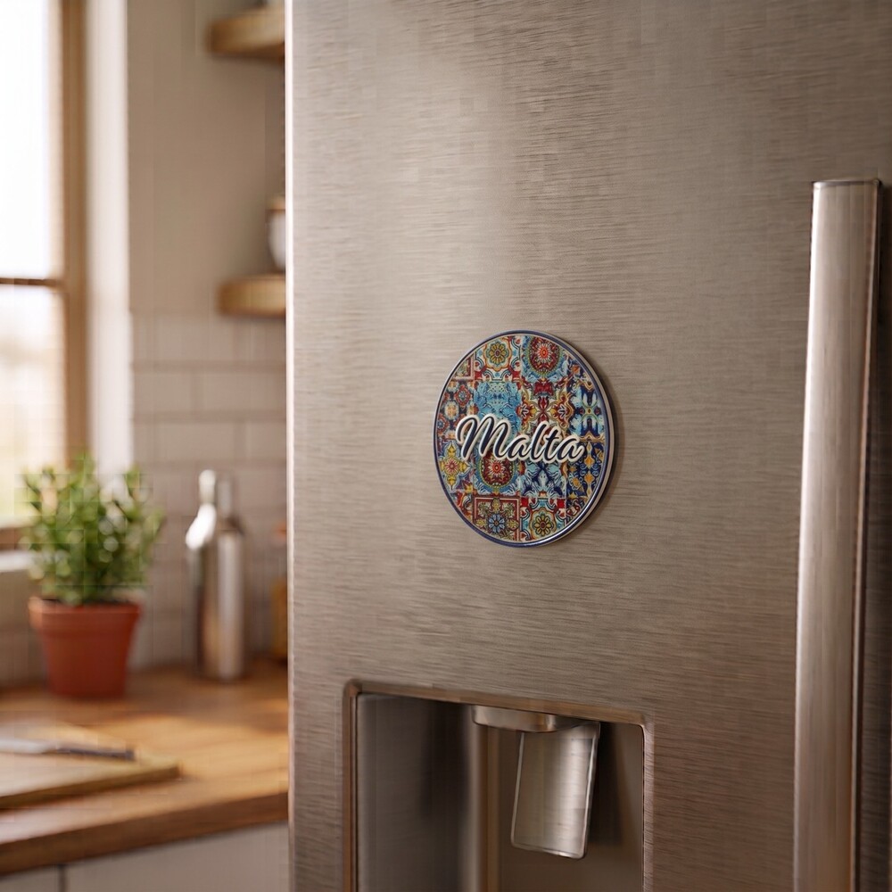 Magnet rund Malta Runder Malta-Magnet mit maltesischem Ornamentmuster am Kühlschrank