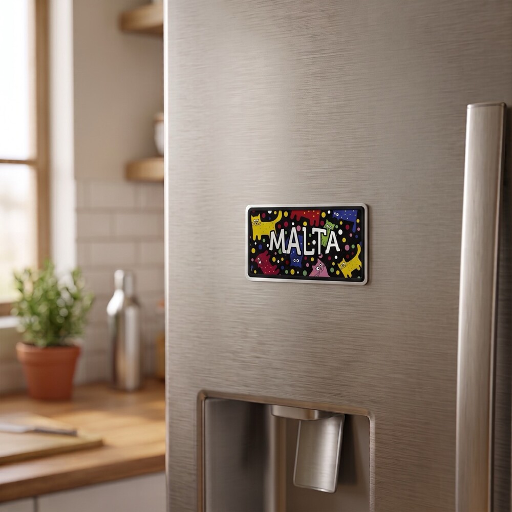 Magnet Metall Malta 9,5 x 4,5 cm Motiv 3 Metall-Magnet Malta 9,5 x 4,5 cm mit buntem Schriftzug auf schwarzem Grund am Kühlschrank