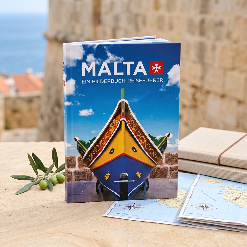 Malta Bilderbuch-Reiseführer Bildband Malta – Ein Bilderbuch-Reiseführer mit Luzzu-Boot auf dem Cover, auf einer Mauer mit Meerblick