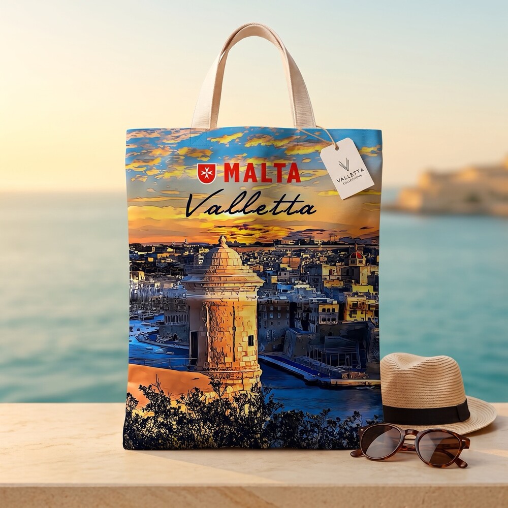 Baumwolltasche Valletta Gardjola Sonnenuntergang Baumwolltasche mit Illustration des Wachturms Gardjola über dem Grand Harbour im Sonnenuntergang mit Malta-Valletta-Schriftzug