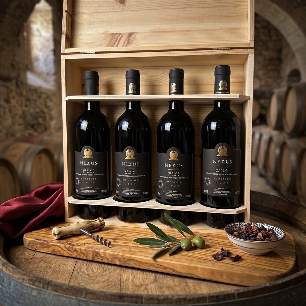 Meridiana Nexus Vertikale Weinverkostung Meridiana Nexus Merlot Vertikale Weinverkostung 2018 bis 2021 in der Holzkiste