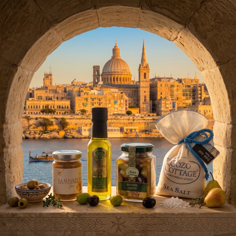 Taste of Malta Mix Taste of Malta Mix mit Olivenoel, Marmelade, Oliven und Meersalz vor der Skyline von Valletta