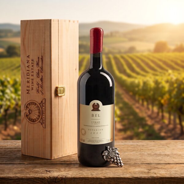 Bel Syrah Magnumflasche 1,5 L mit Meridiana Holzkiste vor maltesischem Weinberg