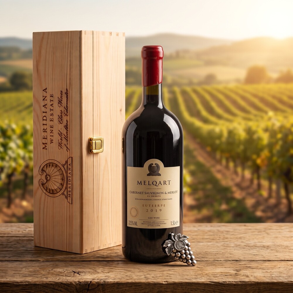 Melqart Magnum mit Meridiana Holzkiste Melqart Cabernet Sauvignon und Merlot Magnumflasche 1,5 L mit Meridiana Holzkiste vor maltesischem Weinberg