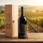 Nexus Merlot Magnumflasche 1,5 L mit Meridiana Holzkiste vor maltesischem Weinberg
