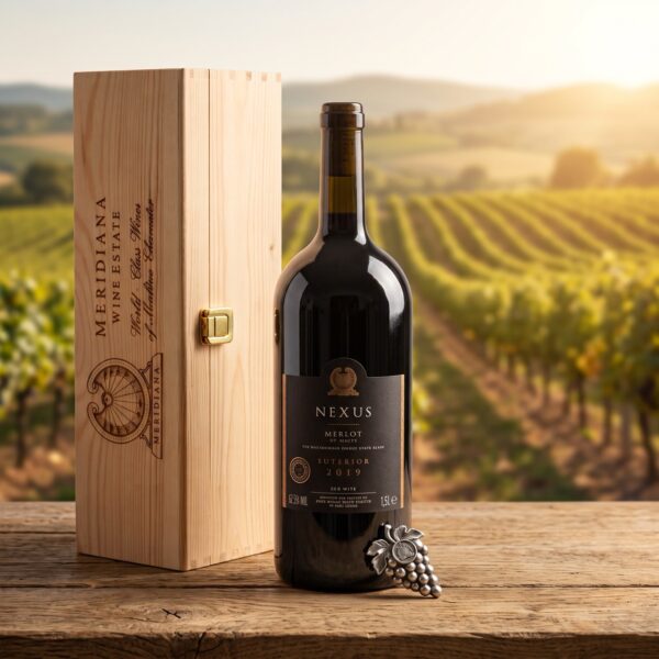 Nexus Merlot Magnumflasche 1,5 L mit Meridiana Holzkiste vor maltesischem Weinberg