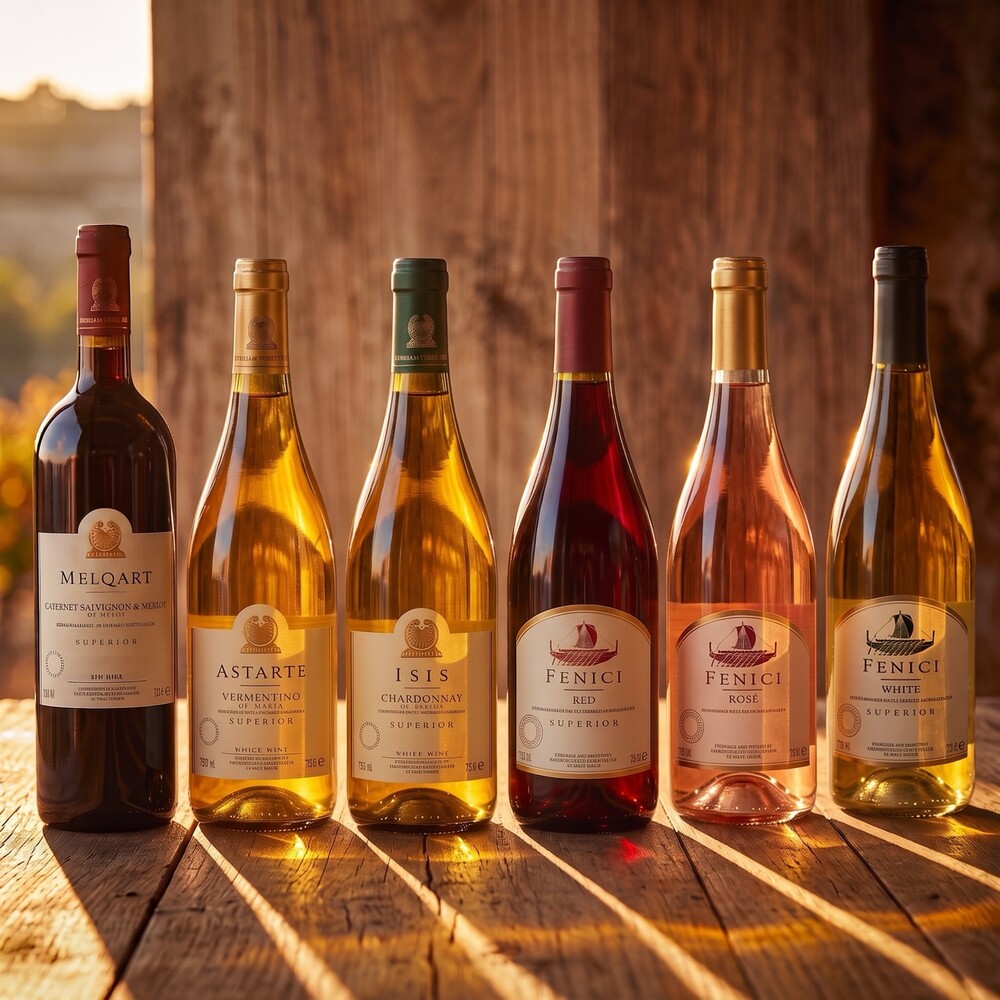 Meridiana Vorteilspack 6 Weine D Meridiana Vorteilspack D mit sechs maltesischen Weiß-, Rosé- und Rotweinen auf Holztisch