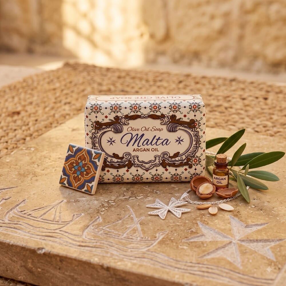 Olive Oil Soap Malta Arganöl Olivenöl-Seife Malta Arganöl im maltesischen Kachel-Design mit Arganüssen und Olivenzweig