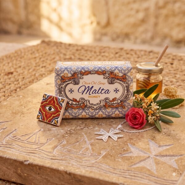 Olivenöl-Seife Malta Honig im maltesischen Kachel-Design mit Honigglas und Olivenzweig