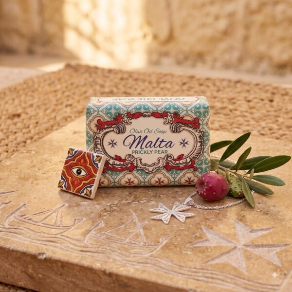 Olivenöl-Seife Malta Kaktusfeige (Prickly Pear) im maltesischen Kachel-Design mit frischer Kaktusfeige