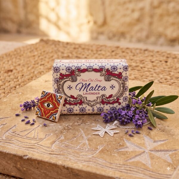 Olivenöl-Seife Malta Lavendel im maltesischen Kachel-Design mit Lavendelblüten und Olivenzweig
