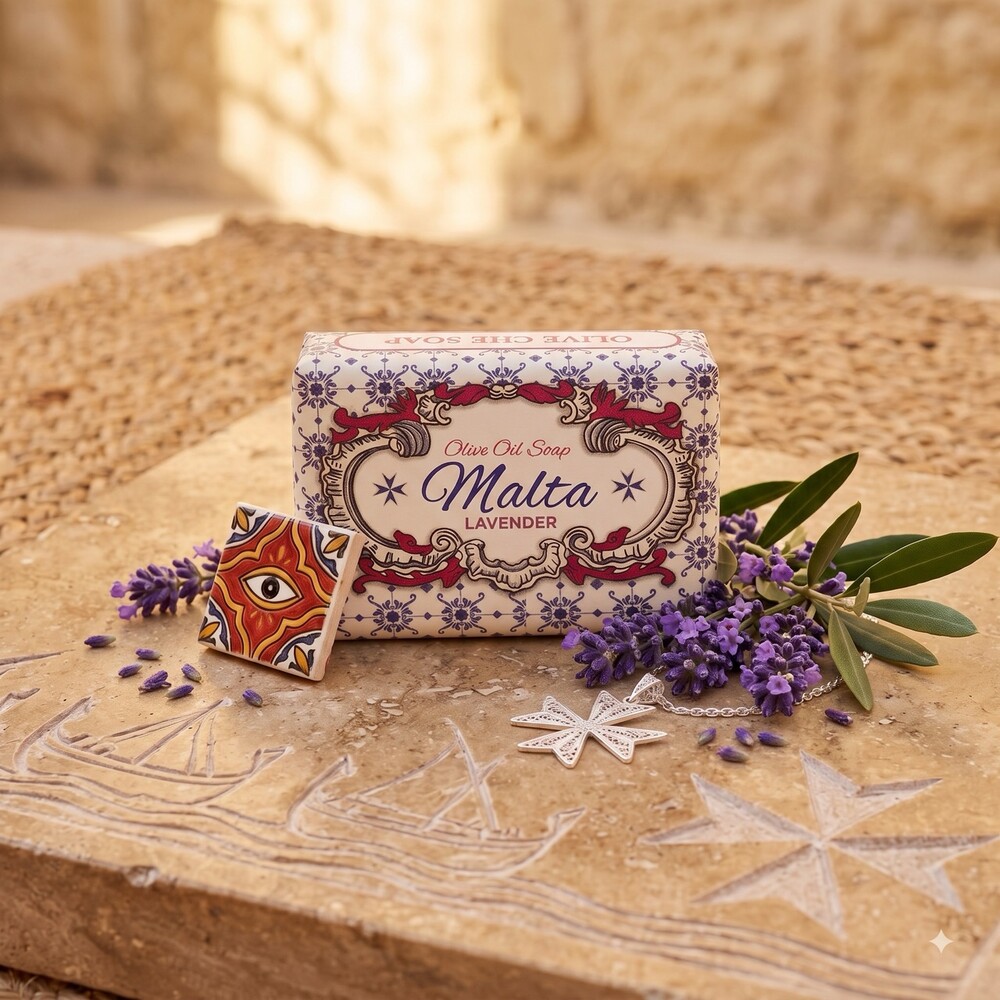 Olive Oil Soap Malta Lavendel Olivenöl-Seife Malta Lavendel im maltesischen Kachel-Design mit Lavendelblüten und Olivenzweig