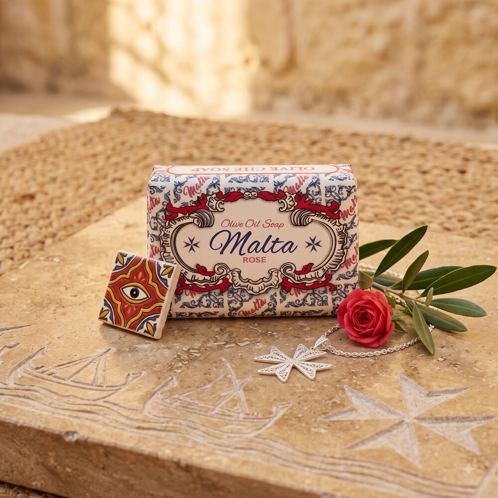 Olive Oil Soap Malta Rose Olivenöl-Seife Malta Rose im maltesischen Kachel-Design mit roter Rose und Olivenzweig
