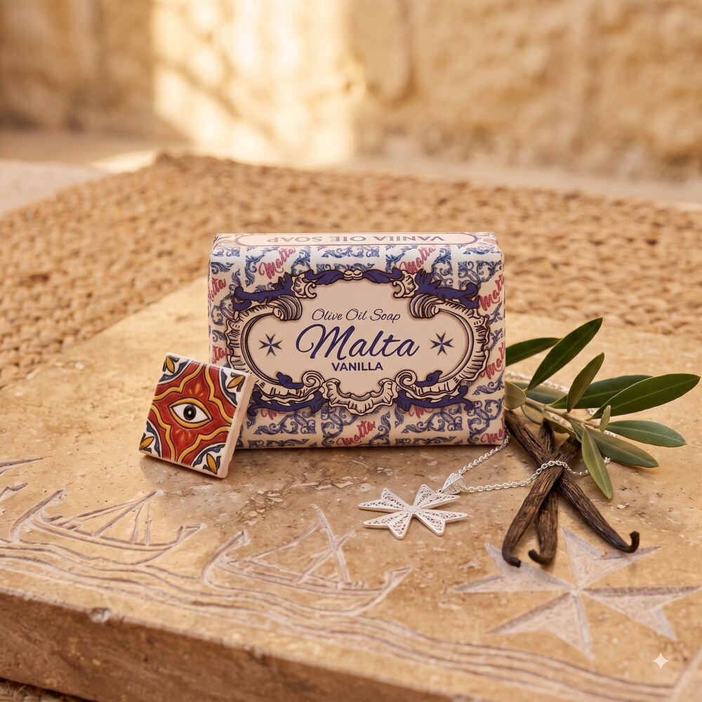 Olive Oil Soap Malta Vanille Olivenöl-Seife Malta Vanille im maltesischen Kachel-Design mit Vanilleschoten