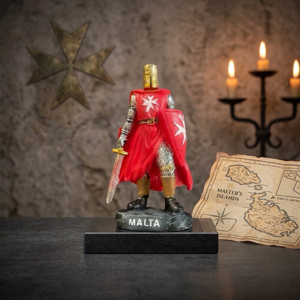 Maltesische Ritterfigur mit rotem Umhang, Schwert und Malteserkreuz-Schild auf Sockel mit MALTA-Schriftzug
