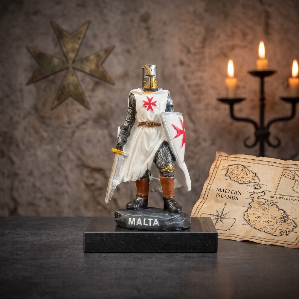 Maltesische Ritterfigur mit weißem Umhang und rotem Kreuz, Schwert und Schild auf Sockel mit MALTA-Schriftzug
