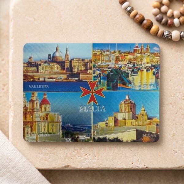 Kühlschrankmagnet Malta Collage mit Valletta, Marsaxlokk, Kirche und Mdina sowie rotem Malteserkreuz